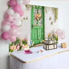 Lofaris Spring Green Door with Easter Bunnies and Flowers Party Backdrop Festive Holiday Celebration Decor