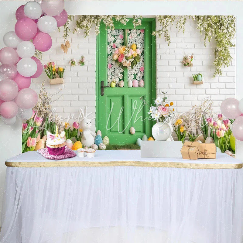 Lofaris Spring Green Door with Easter Bunnies and Flowers Party Backdrop Festive Holiday Celebration Decor