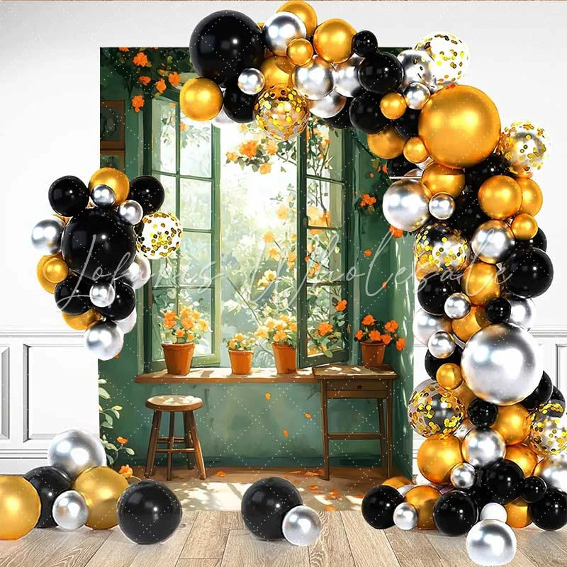 Lofaris Spring Green Window Backdrop Orange Flowers in Pots and Wooden Stool for Rustic Portrait