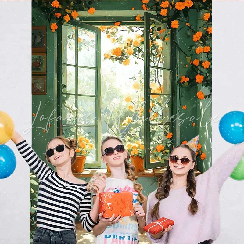 Lofaris Spring Green Window Backdrop Orange Flowers in Pots and Wooden Stool for Rustic Portrait