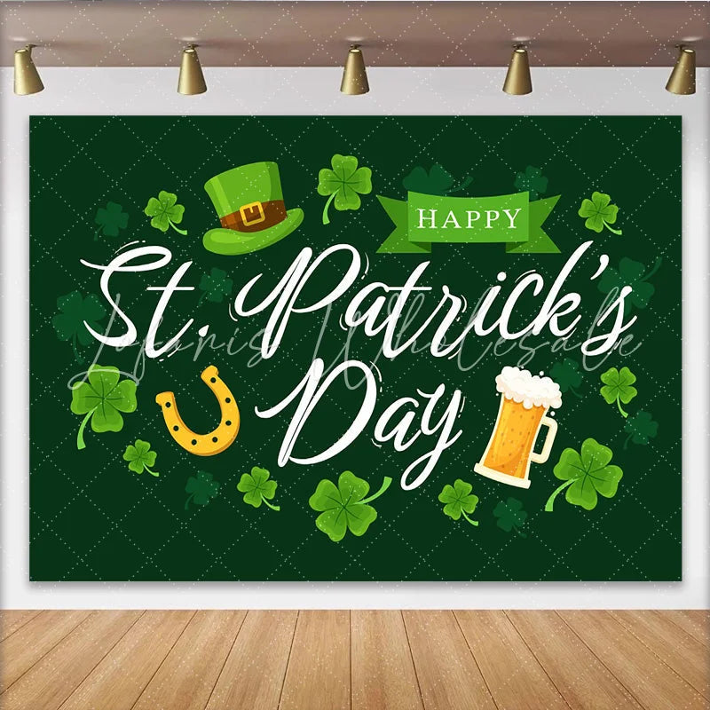 Lofaris St. Patrick Day Horseshoe and Beer Mug Backdrop Green Lucky Shamrock Party Decor