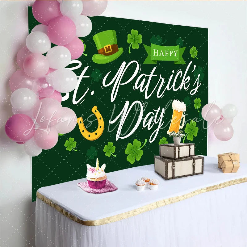 Lofaris St. Patrick Day Horseshoe and Beer Mug Backdrop Green Lucky Shamrock Party Decor
