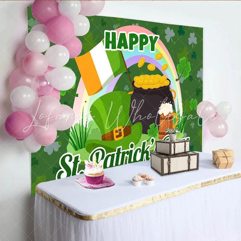 Lofaris St. Patrick Day Pot of Gold and Rainbow Backdrop Lucky Clover Irish Party Decor