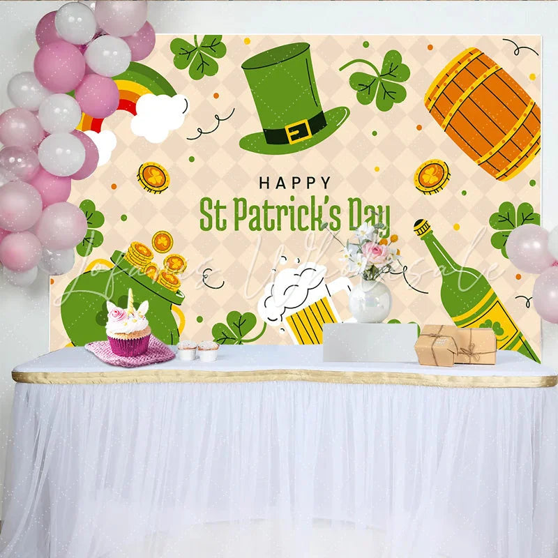 Lofaris St. Patrick’s Day Backdrop Cartoon Rainbow and Luck Pot of Gold with Beer and Green Hat