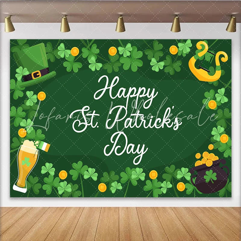 Lofaris St. Patrick’s Day Backdrop Happy St. Patrick’s Day Frame with Harp and Leprechaun Hat for Irish Party
