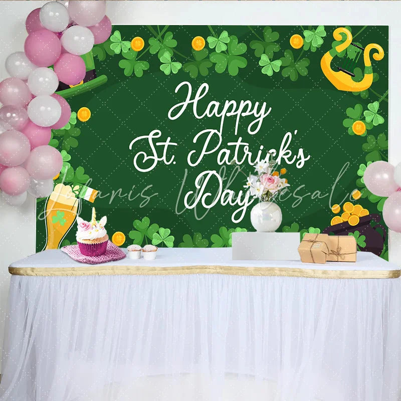 Lofaris St. Patrick’s Day Backdrop Happy St. Patrick’s Day Frame with Harp and Leprechaun Hat for Irish Party