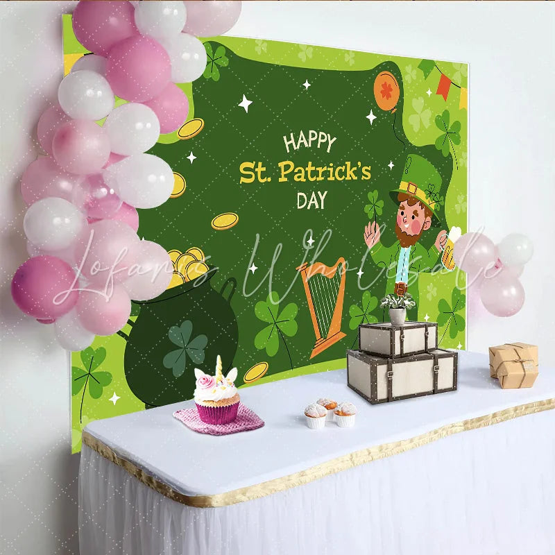 Lofaris St. Patrick’s Day Backdrop Lucky Leprechaun with Pot of Gold and Shamrocks Party Decoration