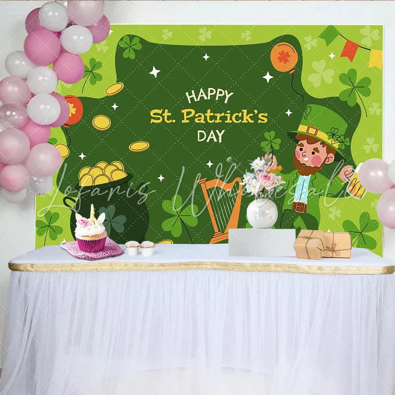 Lofaris St. Patrick’s Day Backdrop Lucky Leprechaun with Pot of Gold and Shamrocks Party Decoration