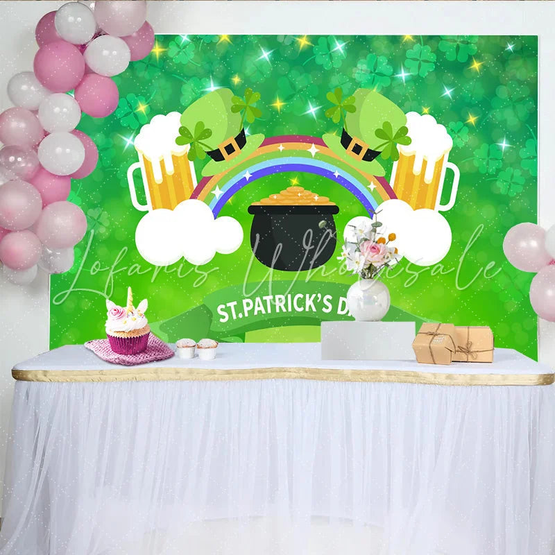 Lofaris St. Patrick’s Day Backdrop Pot of Gold and Rainbow with Beer Mugs Background for Irish Festival Party