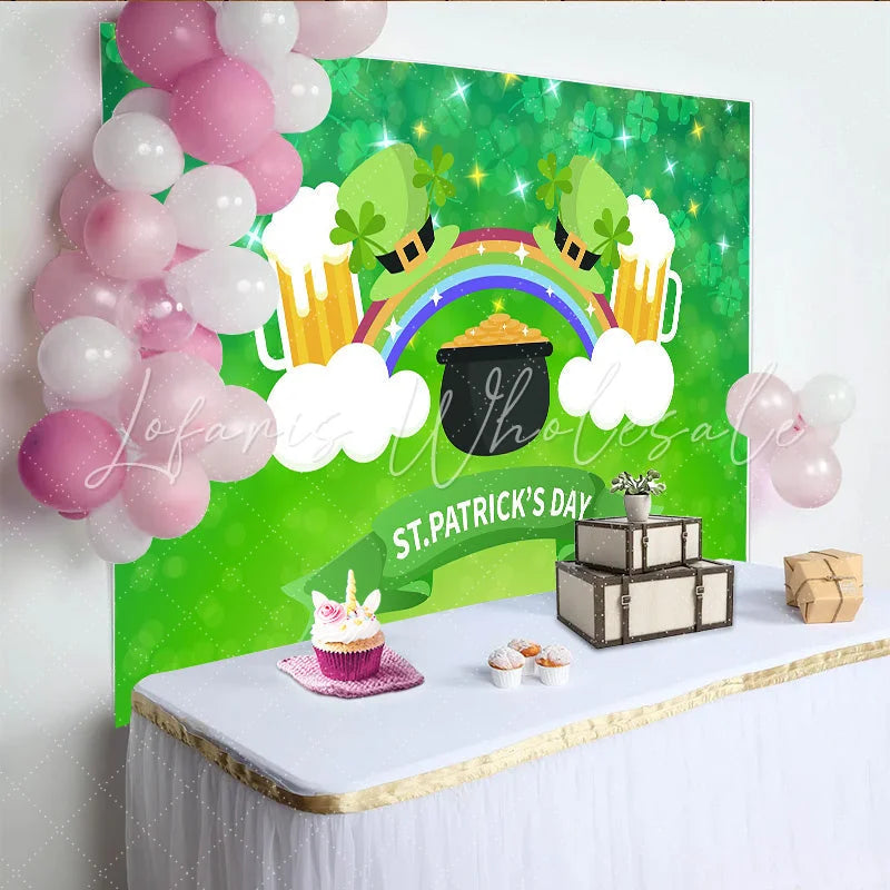 Lofaris St. Patrick’s Day Backdrop Pot of Gold and Rainbow with Beer Mugs Background for Irish Festival Party