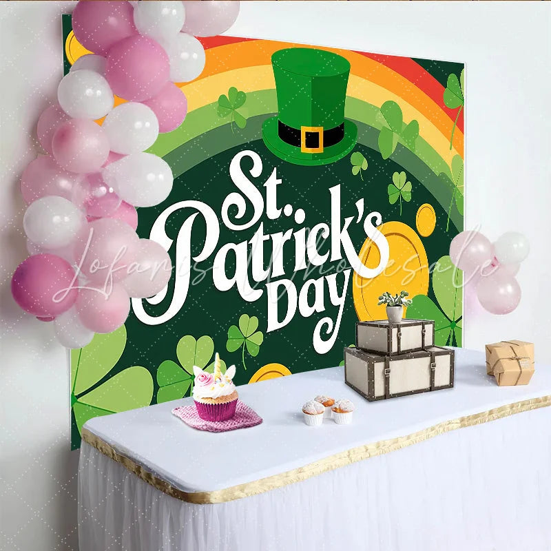 Lofaris St. Patrick’s Day Backdrop Rainbow and Leprechaun Hat Lucky Coins Decor