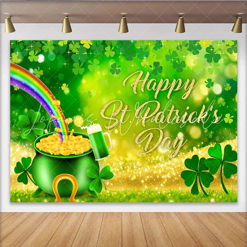 Lofaris St. Patrick’s Day Backdrop Rainbow and Pot of Gold with Golden Text Background for Irish Holiday Party