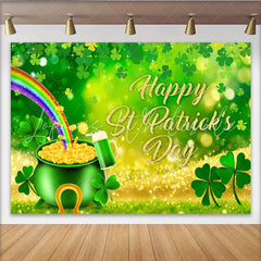Lofaris St. Patrick’s Day Backdrop Rainbow and Pot of Gold with Golden Text Background for Irish Holiday Party