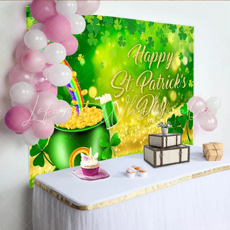 Lofaris St. Patrick’s Day Backdrop Rainbow and Pot of Gold with Golden Text Background for Irish Holiday Party
