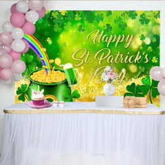 Lofaris St. Patrick’s Day Backdrop Rainbow and Pot of Gold with Golden Text Background for Irish Holiday Party