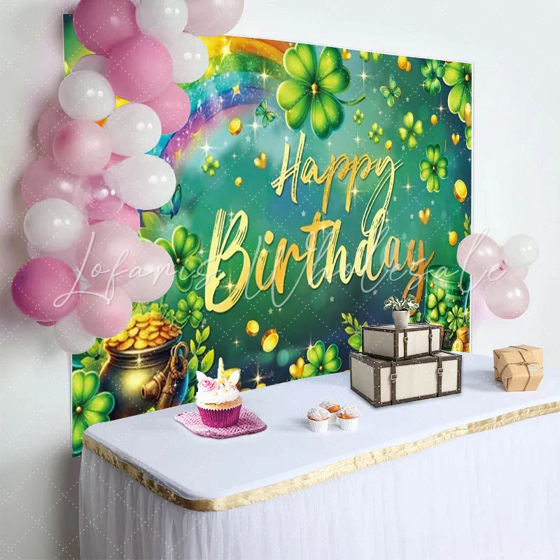 Lofaris St Patricks Day Happy Birthday Backdrop Green Clovers Rainbow Pot of Gold Lucky Spring Party Decor