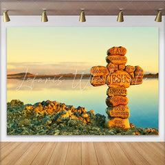 Lofaris Stone Cross with Jesus Names Religious Photography Backdrop Serene Lake Sunset Background for Spiritual Event