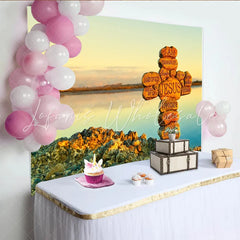Lofaris Stone Cross with Jesus Names Religious Photography Backdrop Serene Lake Sunset Background for Spiritual Event