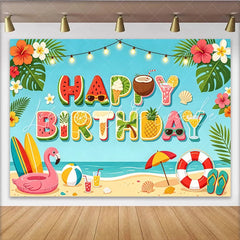 Lofaris Summer Beach Happy Birthday Backdrop with Tropical Elements Vibrant Ocean Party Photography Background Decor