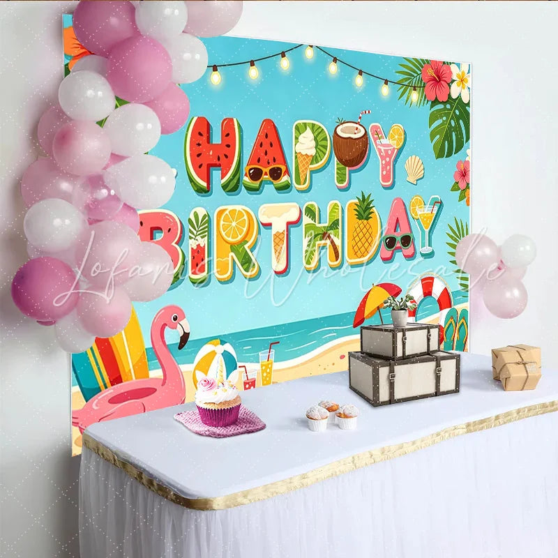 Lofaris Summer Beach Happy Birthday Backdrop with Tropical Elements Vibrant Ocean Party Photography Background Decor