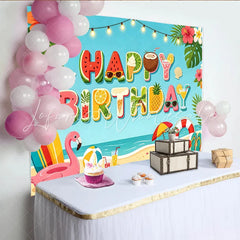 Lofaris Summer Beach Happy Birthday Backdrop with Tropical Elements Vibrant Ocean Party Photography Background Decor