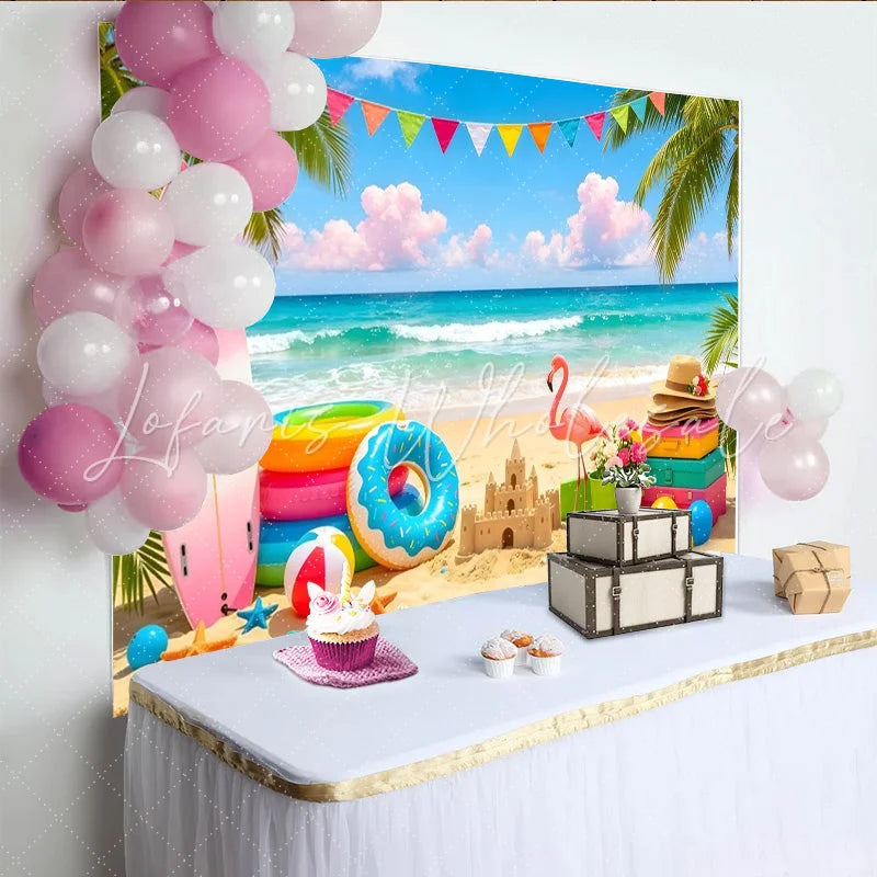 Lofaris Summer Beach Photography Backdrop Vibrant Palm Trees and Ocean Waves Tropical Party Background for Vacation Photoshoot