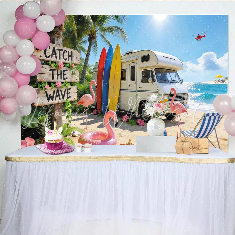Lofaris Summer Beach Photography Backdrop with Camper Van Surfboards and Flamingos Tropical Ocean Background for Vacation Photoshoot