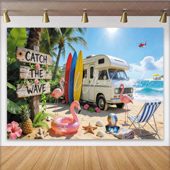 Lofaris Summer Beach Photography Backdrop with Camper Van Surfboards and Flamingos Tropical Ocean Background for Vacation Photoshoot