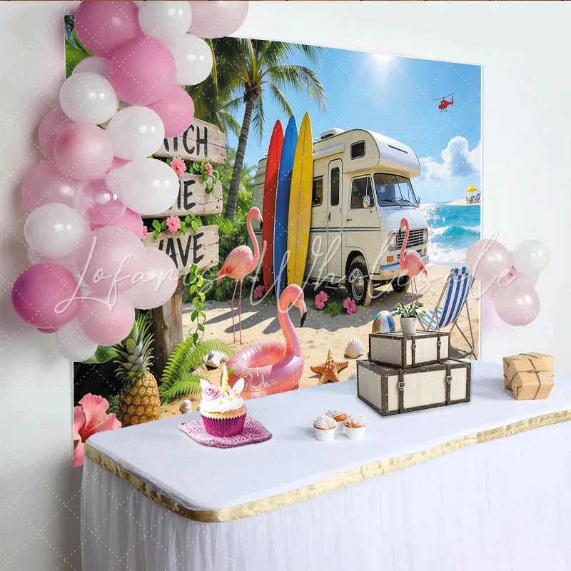 Lofaris Summer Beach Photography Backdrop with Camper Van Surfboards and Flamingos Tropical Ocean Background for Vacation Photoshoot