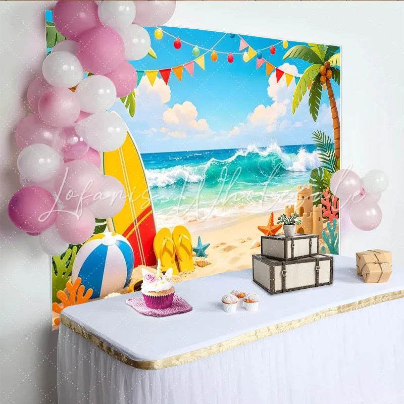 Lofaris Summer Beach Photography Backdrop with Ocean Waves and Palm Trees Tropical Party Background for Photoshoot Decor