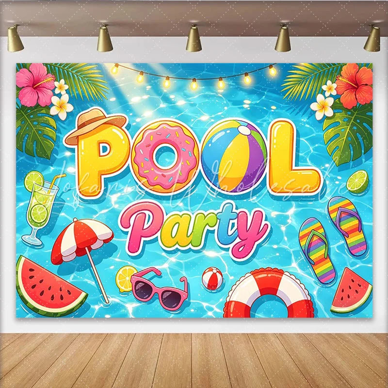 Lofaris Summer Pool Party Backdrop with Tropical Leaves and Fun Floats Vibrant Photography Background for Kids and Adults