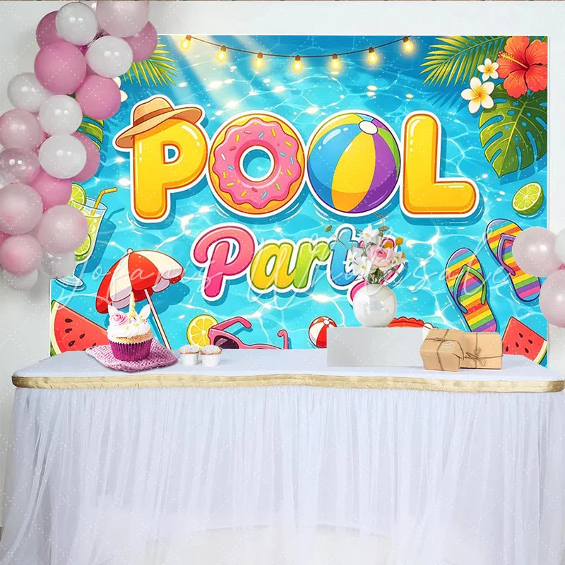 Lofaris Summer Pool Party Backdrop with Tropical Leaves and Fun Floats Vibrant Photography Background for Kids and Adults