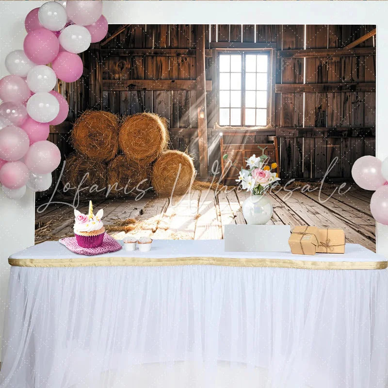 Lofaris Sunlit Rustic Barn Photography Backdrop with Hay Bales and Wood Walls Warm Countryside Studio Background for Farm Theme Portrait