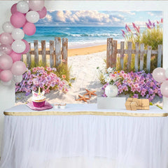 Lofaris Sunny Beach Photography Backdrop with Ocean Waves and Fence Sandy Path Photo Background for Studio or Party Decor