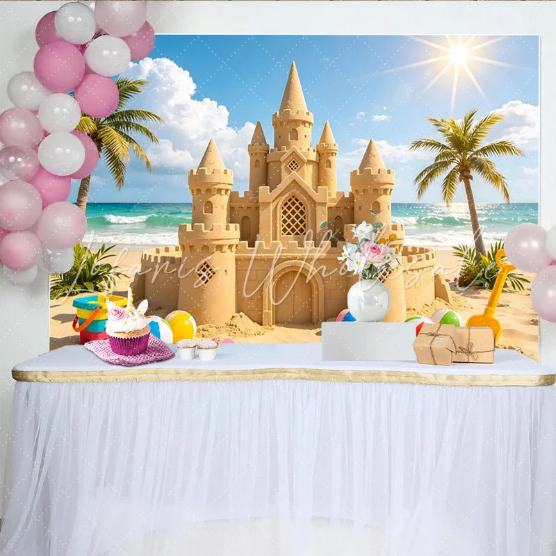 Lofaris Sunny Beach Sandcastle Photography Backdrop with Palm Trees and Ocean Summer Vacation Background for Kids Photoshoot