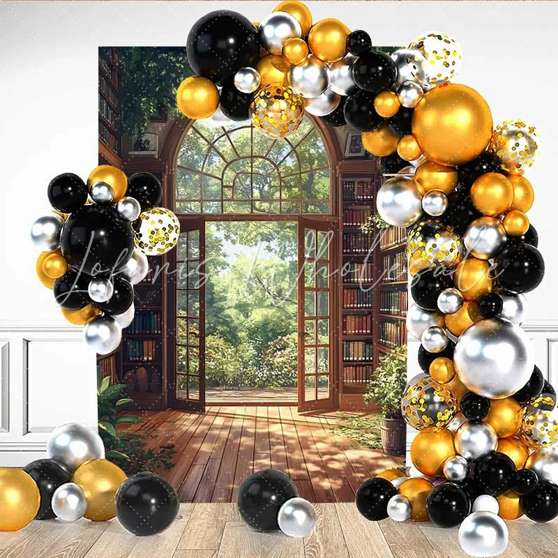 Lofaris Sunny Bookshelf Library Backdrop Open Glass Door to Lush Green Garden for Spring Portrait