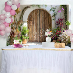 Lofaris Sunny Courtyard Door Backdrop Arch Wood Door and Potted Plants for Spring Decor