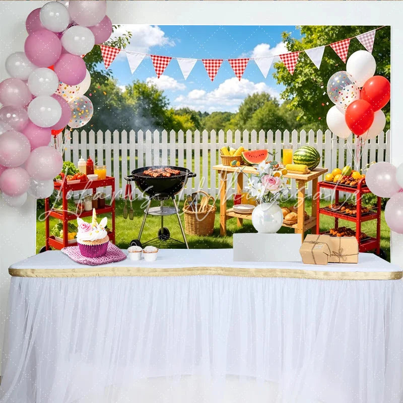 Lofaris Sunny Outdoor BBQ Picnic Photography Backdrop with Red Balloons and Checkered Banners for Backyard Gatherings and Family Photoshoot