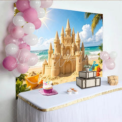 Lofaris Sunny Sandcastle Beach Photography Backdrop with Ocean Waves Vibrant Summer Photo Background for Vacation and Kids Play