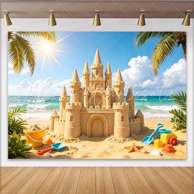 Lofaris Sunny Sandcastle Beach Photography Backdrop with Ocean Waves Vibrant Summer Photo Background for Vacation and Kids Play