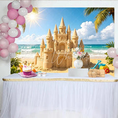 Lofaris Sunny Sandcastle Beach Photography Backdrop with Ocean Waves Vibrant Summer Photo Background for Vacation and Kids Play