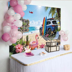 Lofaris Sunny Summer Beach Photography Backdrop with Ocean Waves and Surfboards Tropical Vacation Background for Party Decor and Photoshoot