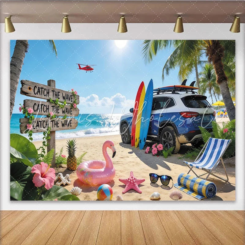 Lofaris Sunny Summer Beach Photography Backdrop with Ocean Waves and Surfboards Tropical Vacation Background for Party Decor and Photoshoot