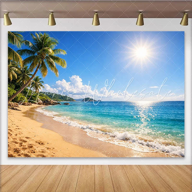 Lofaris Sunny Tropical Beach Photography Backdrop with Palm Trees and Blue Ocean Beautiful Summer Scenery Background for Studio Photoshoot