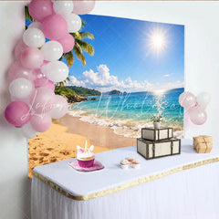 Lofaris Sunny Tropical Beach Photography Backdrop with Palm Trees and Blue Ocean Beautiful Summer Scenery Background for Studio Photoshoot