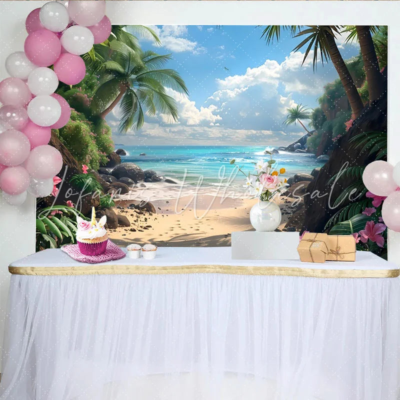 Lofaris Sunny Tropical Beach Photography Backdrop with Palm Trees Scenic Ocean View Background for Summer Vacation Photoshoot