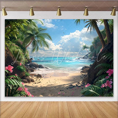 Lofaris Sunny Tropical Beach Photography Backdrop with Palm Trees Scenic Ocean View Background for Summer Vacation Photoshoot