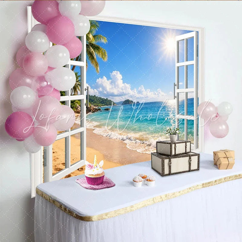 Lofaris Sunny Tropical Beach Window View Photography Backdrop with Palm Trees and Blue Ocean Scenic Studio Background for Summer Photoshoot
