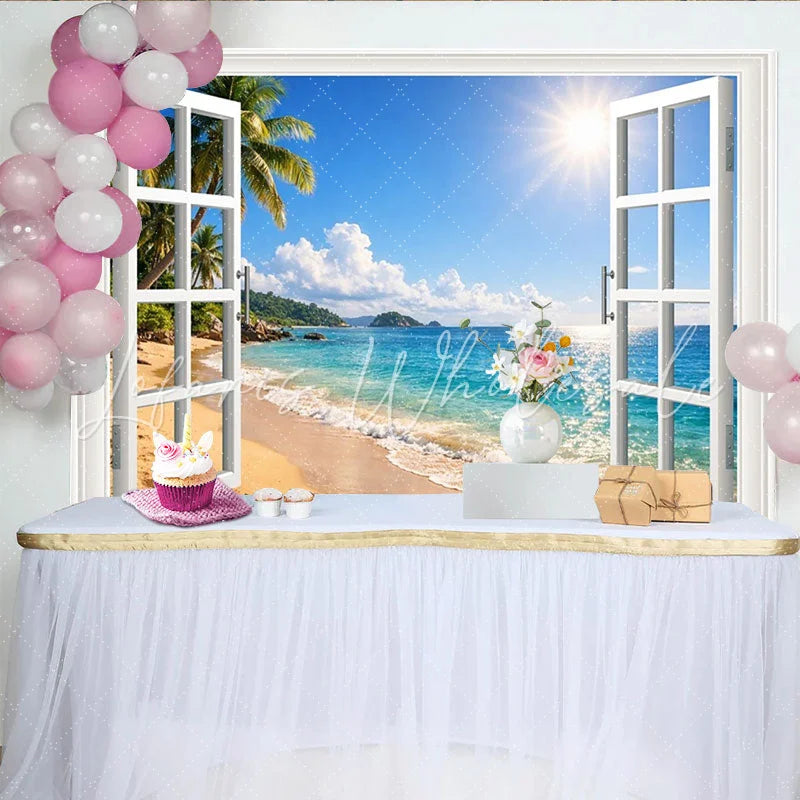 Lofaris Sunny Tropical Beach Window View Photography Backdrop with Palm Trees and Blue Ocean Scenic Studio Background for Summer Photoshoot