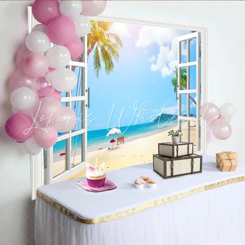 Lofaris Sunny Tropical Window View Beach Photography Backdrop Scenic Blue Ocean and Palm Trees Background for Photoshoot